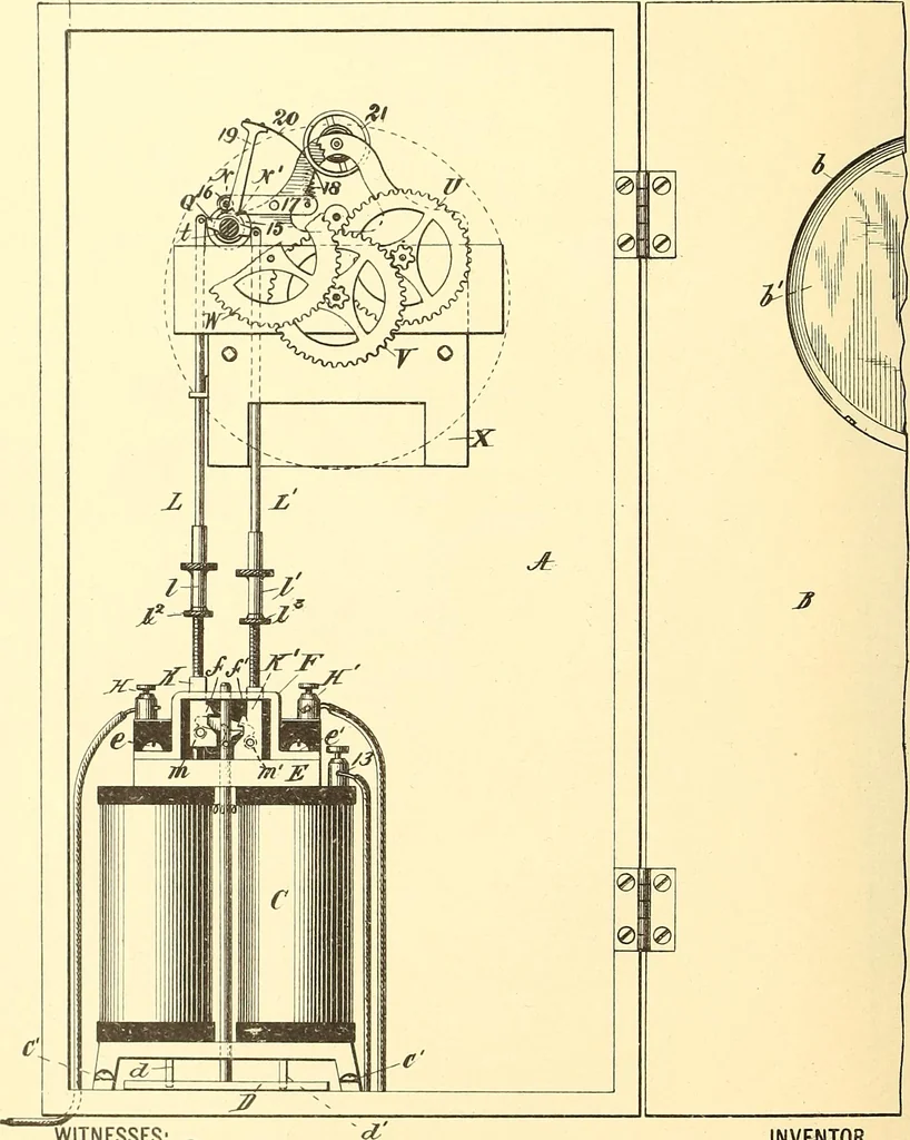An illustration from U.S. patents covering time keeping mechanisms, 1892, leaf 143