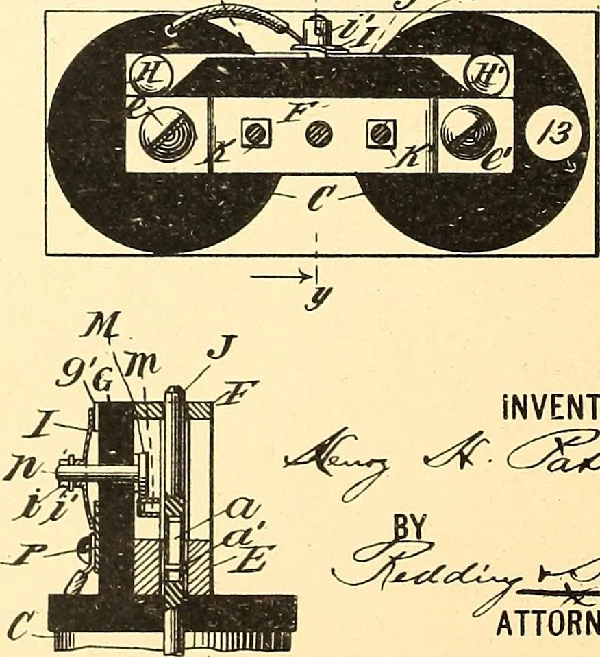 An illustration from U.S. patents covering time keeping mechanisms, 1892, leaf 145