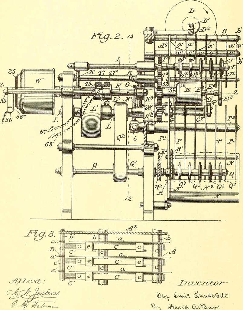 An illustration from U.S. patents covering time keeping mechanisms, 1892, leaf 15