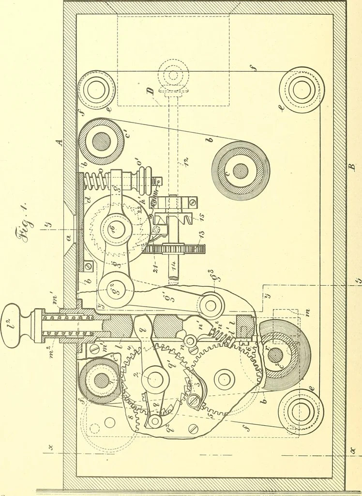 An illustration from U.S. patents covering time keeping mechanisms, 1892, leaf 159