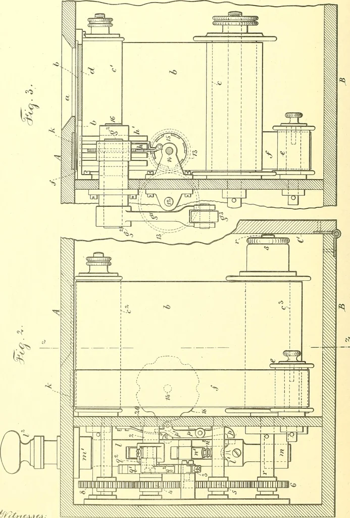 An illustration from U.S. patents covering time keeping mechanisms, 1892, leaf 161