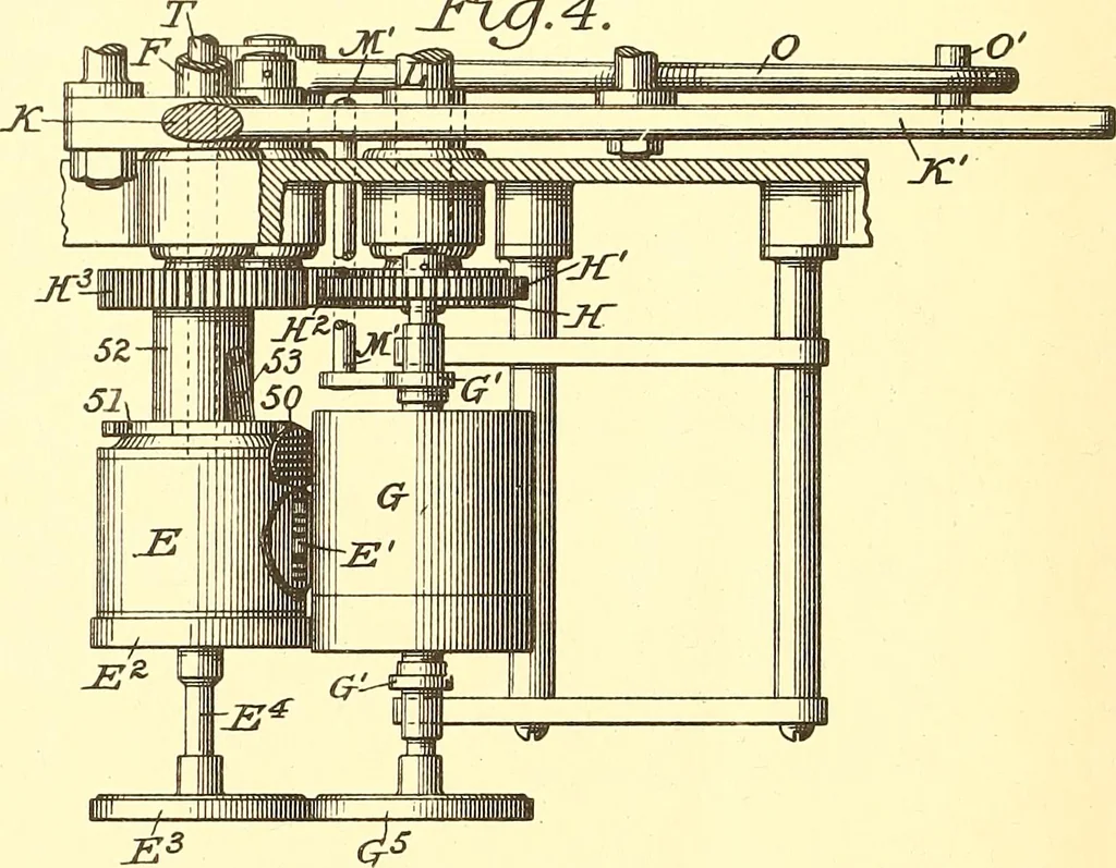 An illustration from U.S. patents covering time keeping mechanisms, 1892, leaf 17