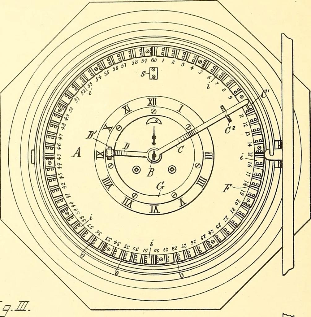 An illustration from U.S. patents covering time keeping mechanisms, 1892, leaf 175