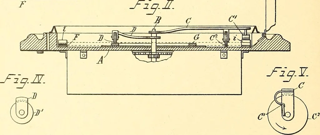 An illustration from U.S. patents covering time keeping mechanisms, 1892, leaf 175