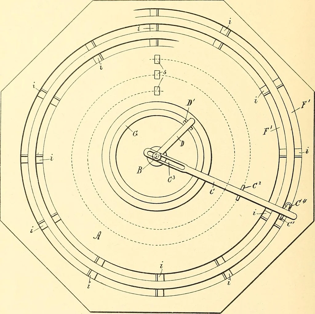 An illustration from U.S. patents covering time keeping mechanisms, 1892, leaf 177