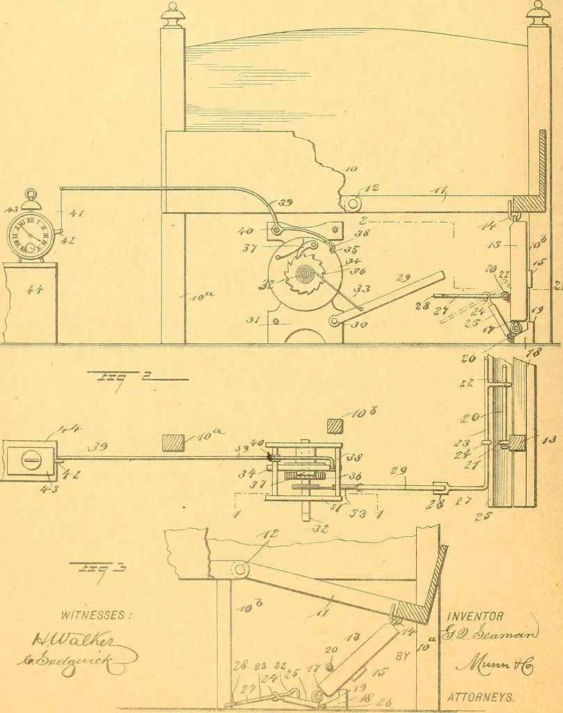 An illustration from U.S. patents covering time keeping mechanisms, 1892, leaf 185