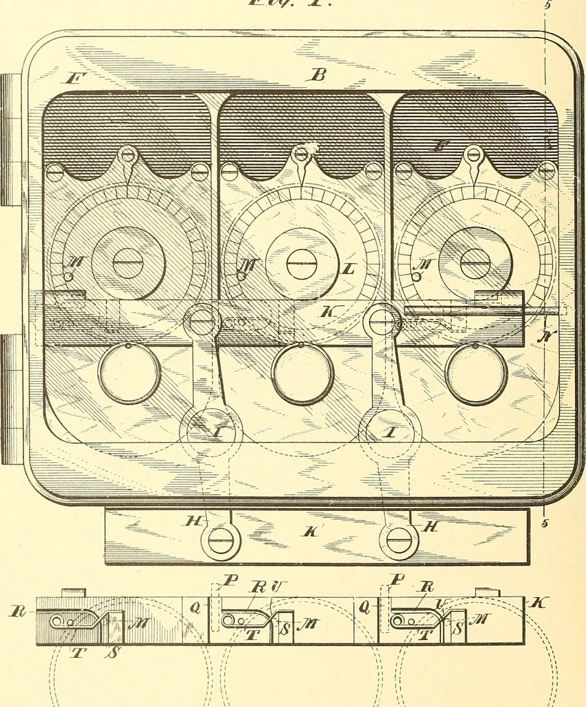 An illustration from U.S. patents covering time keeping mechanisms, 1892, leaf 189
