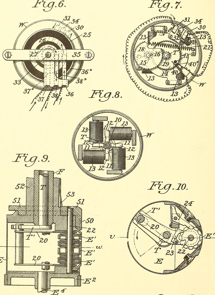 An illustration from U.S. patents covering time keeping mechanisms, 1892, leaf 19