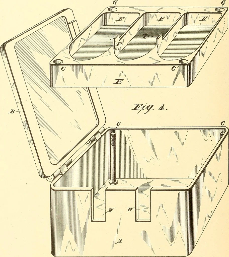 An illustration from U.S. patents covering time keeping mechanisms, 1892, leaf 193
