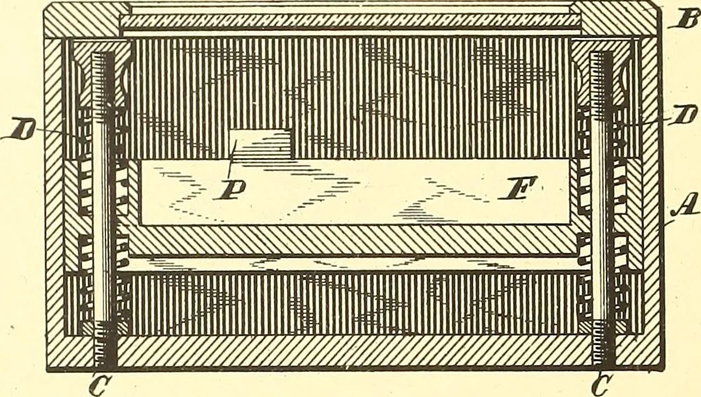 An illustration from U.S. patents covering time keeping mechanisms, 1892, leaf 195