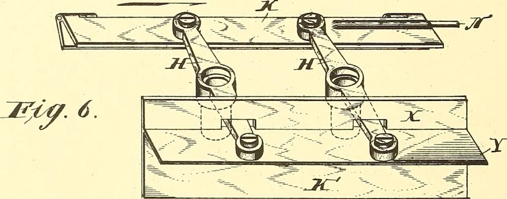 An illustration from U.S. patents covering time keeping mechanisms, 1892, leaf 195