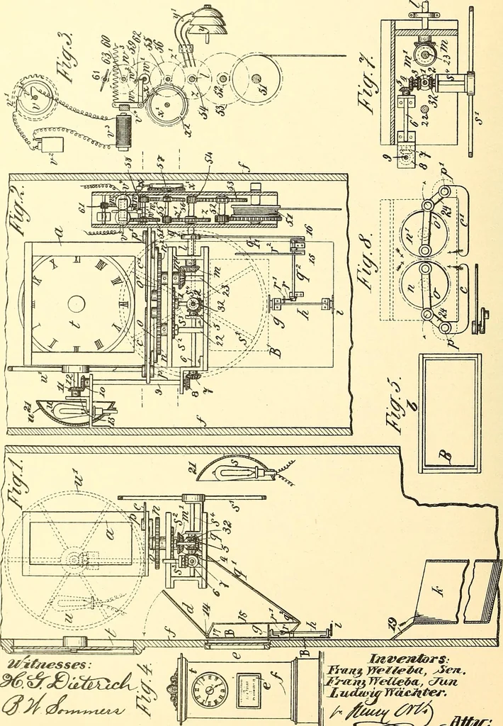 An illustration from U.S. patents covering time keeping mechanisms, 1892, leaf 207
