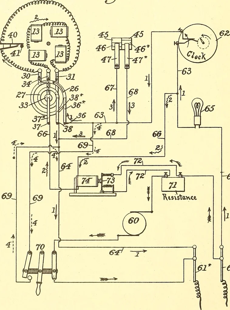 An illustration from U.S. patents covering time keeping mechanisms, 1892, leaf 21
