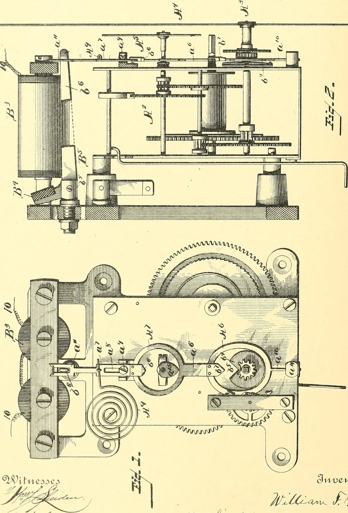 An illustration from U.S. patents covering time keeping mechanisms, 1892, leaf 217