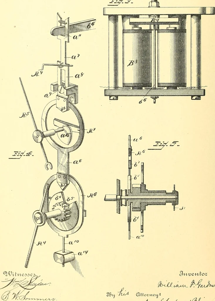 An illustration from U.S. patents covering time keeping mechanisms, 1892, leaf 219