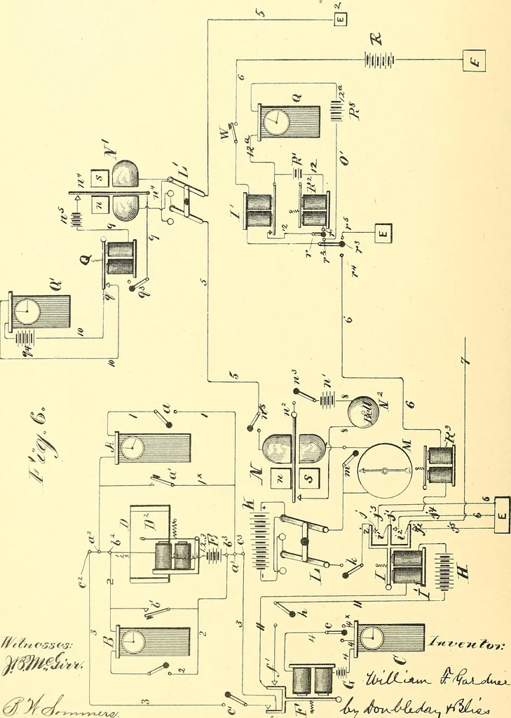 An illustration from U.S. patents covering time keeping mechanisms, 1892, leaf 221