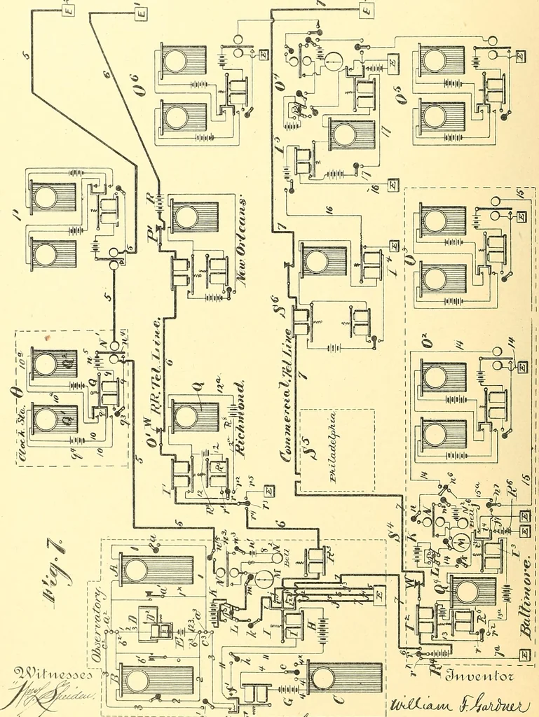 An illustration from U.S. patents covering time keeping mechanisms, 1892, leaf 223