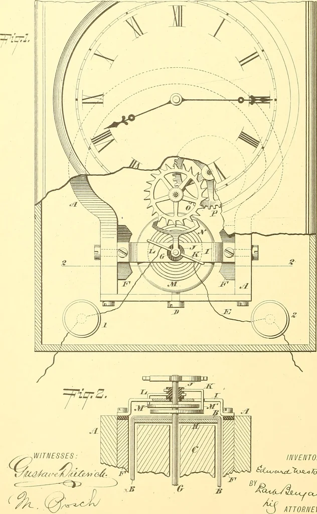 An illustration from U.S. patents covering time keeping mechanisms, 1892, leaf 233