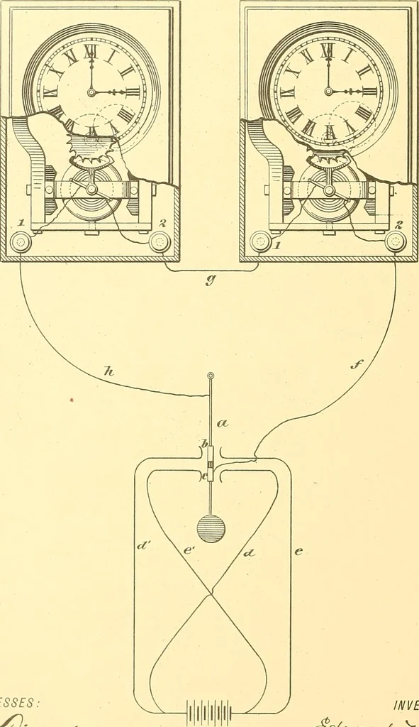 An illustration from U.S. patents covering time keeping mechanisms, 1892, leaf 235