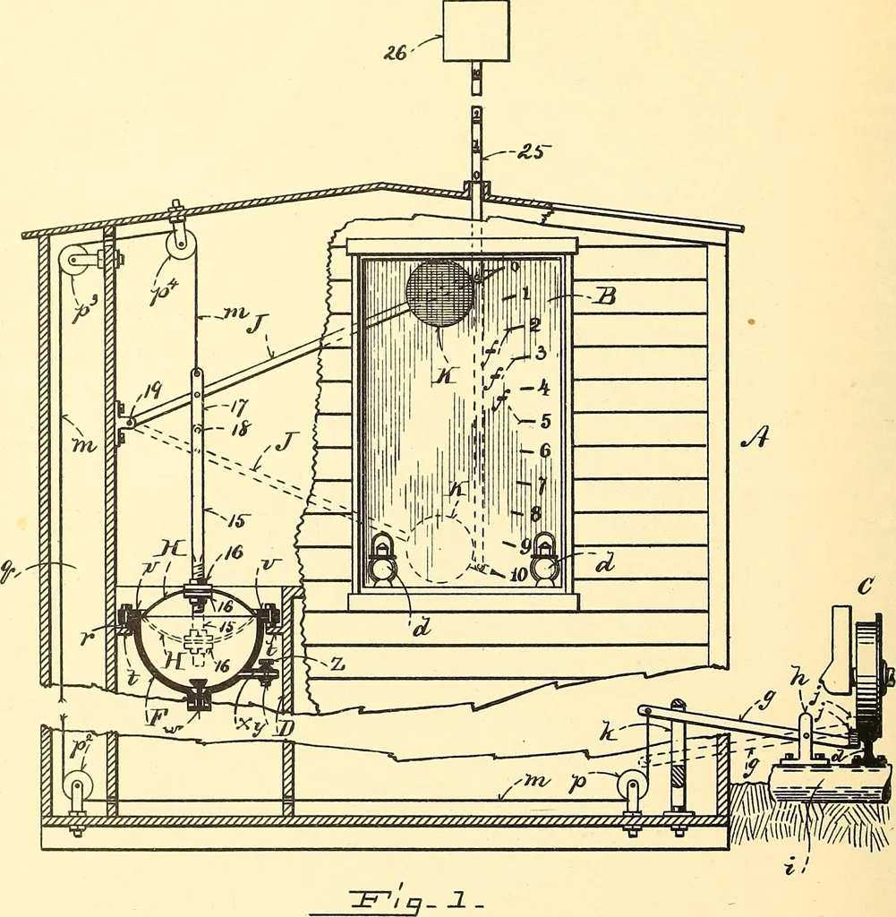 An illustration from U.S. patents covering time keeping mechanisms, 1892, leaf 241