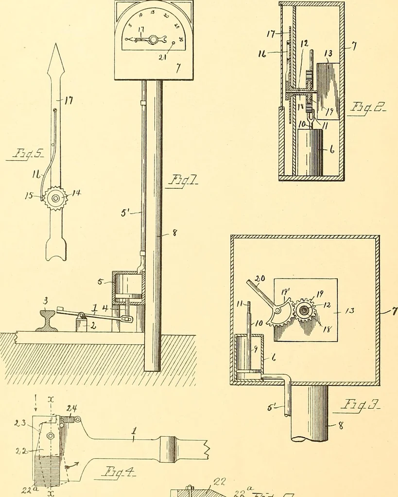 An illustration from U.S. patents covering time keeping mechanisms, 1892, leaf 251