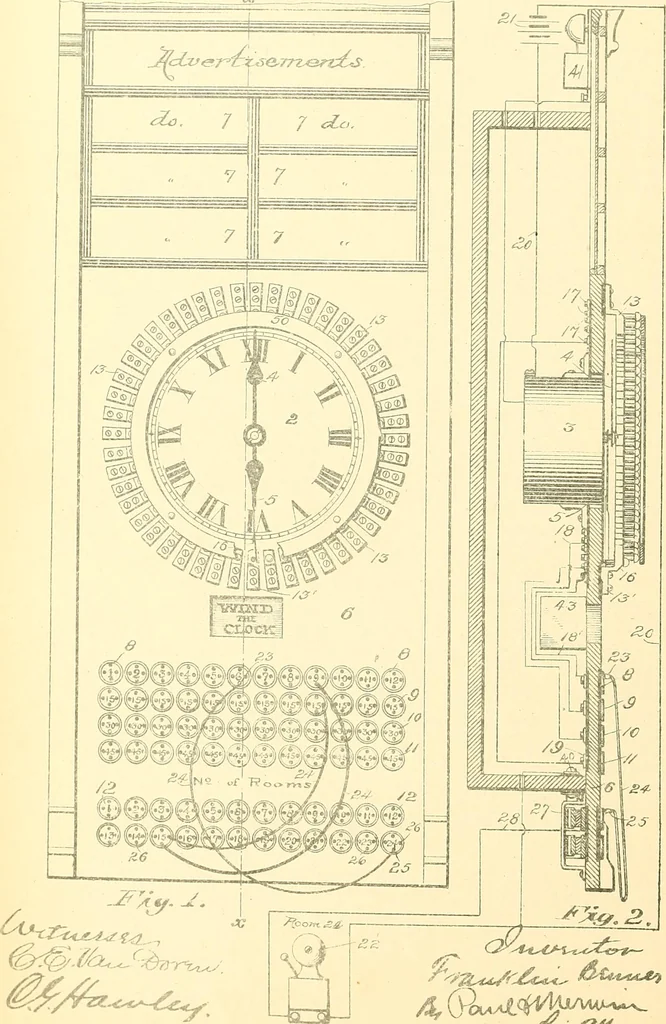 An illustration from U.S. patents covering time keeping mechanisms, 1892, leaf 255