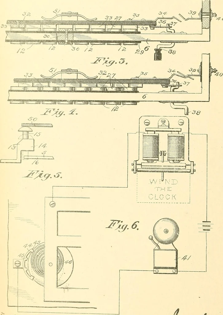 An illustration from U.S. patents covering time keeping mechanisms, 1892, leaf 257