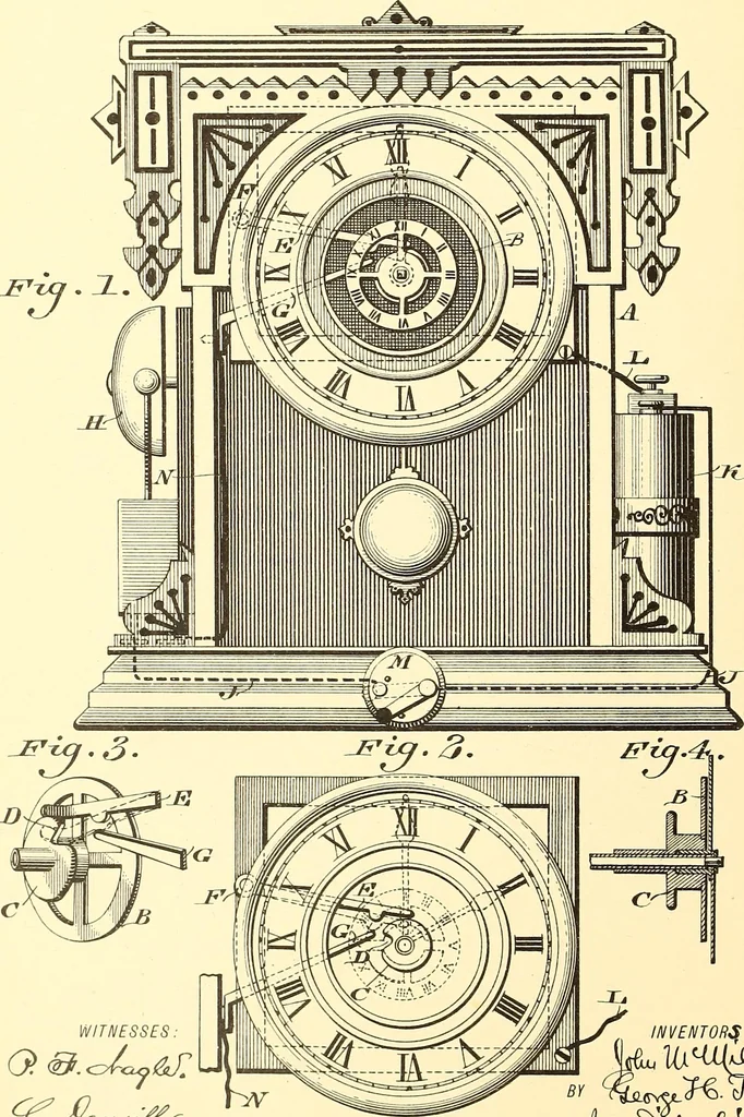An illustration from U.S. patents covering time keeping mechanisms, 1892, leaf 263
