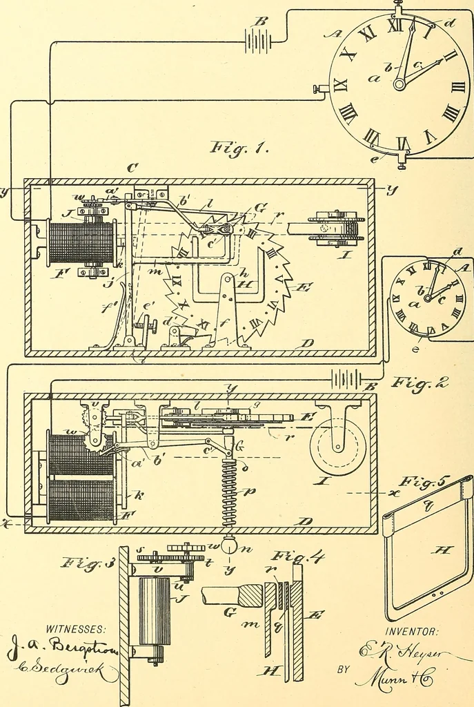 An illustration from U.S. patents covering time keeping mechanisms, 1892, leaf 267