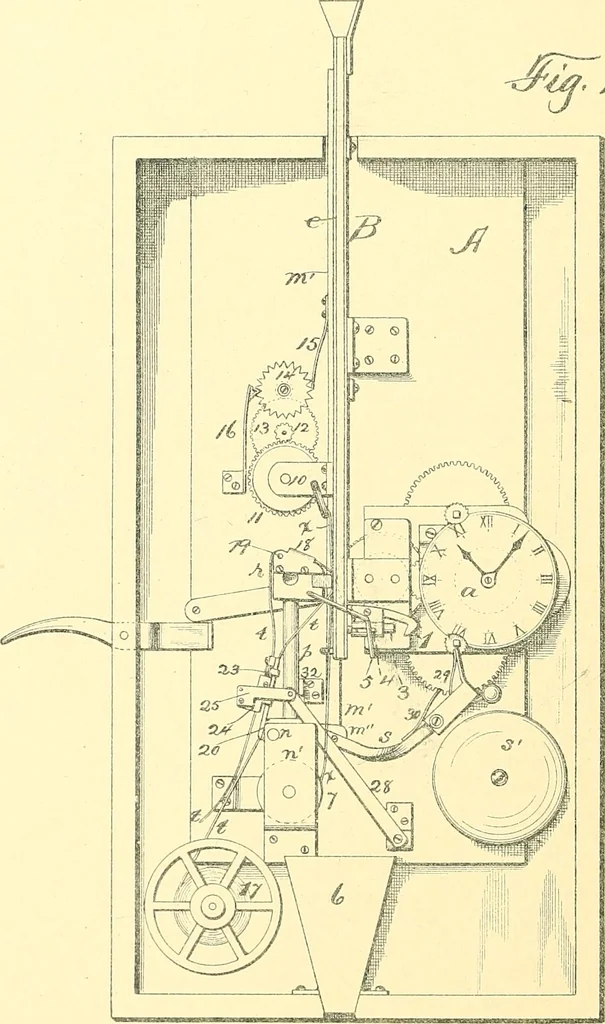 An illustration from U.S. patents covering time keeping mechanisms, 1892, leaf 271