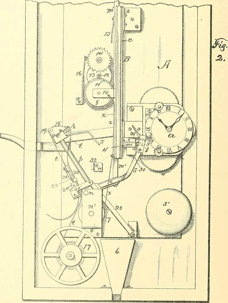 An illustration from U.S. patents covering time keeping mechanisms, 1892, leaf 273