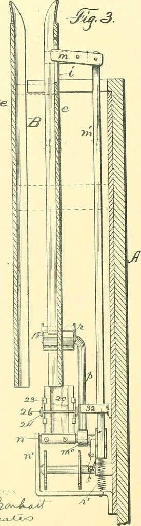 An illustration from U.S. patents covering time keeping mechanisms, 1892, leaf 275