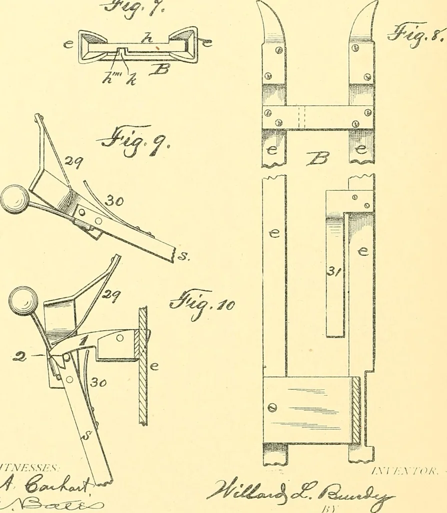 An illustration from U.S. patents covering time keeping mechanisms, 1892, leaf 277