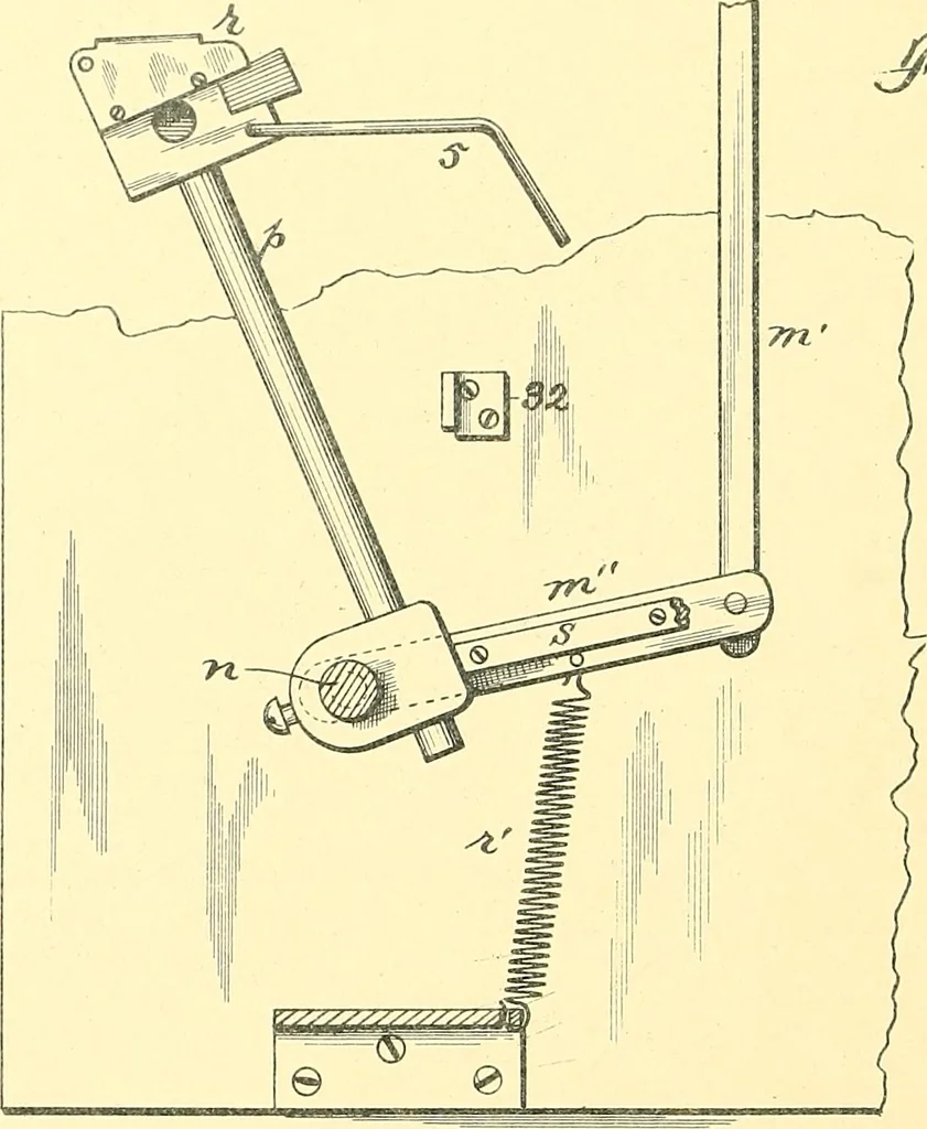 An illustration from U.S. patents covering time keeping mechanisms, 1892, leaf 281