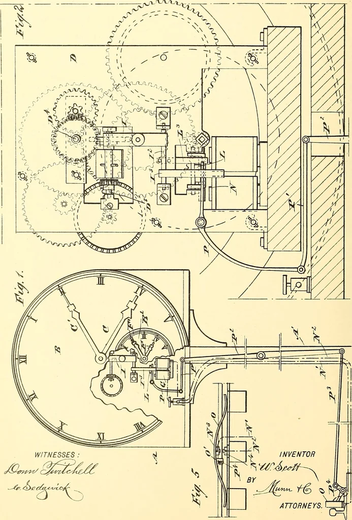 An illustration from U.S. patents covering time keeping mechanisms, 1892, leaf 287