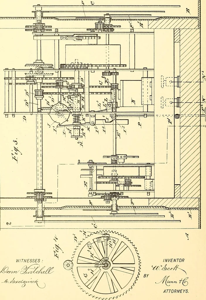 An illustration from U.S. patents covering time keeping mechanisms, 1892, leaf 289