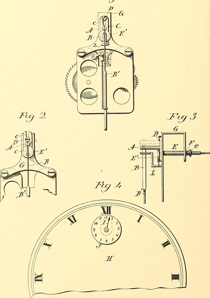 An illustration from U.S. patents covering time keeping mechanisms, 1892, leaf 295