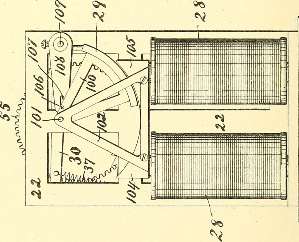 An illustration from U.S. patents covering time keeping mechanisms, 1892, leaf 299
