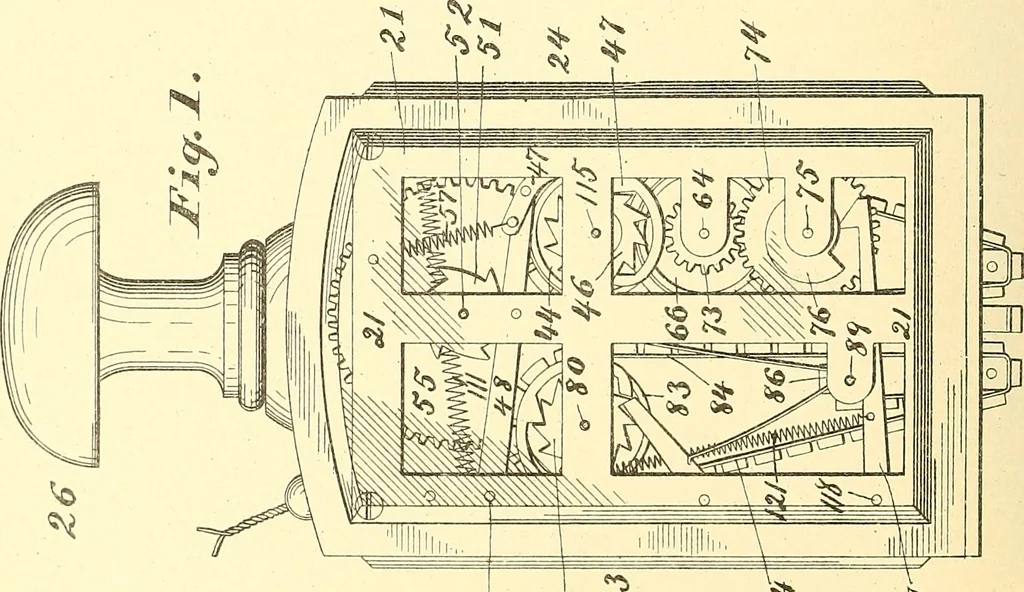 An illustration from U.S. patents covering time keeping mechanisms, 1892, leaf 299