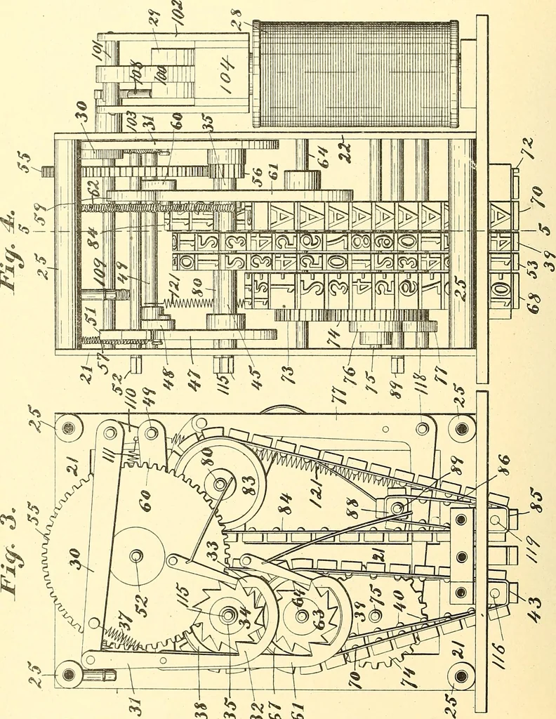An illustration from U.S. patents covering time keeping mechanisms, 1892, leaf 301