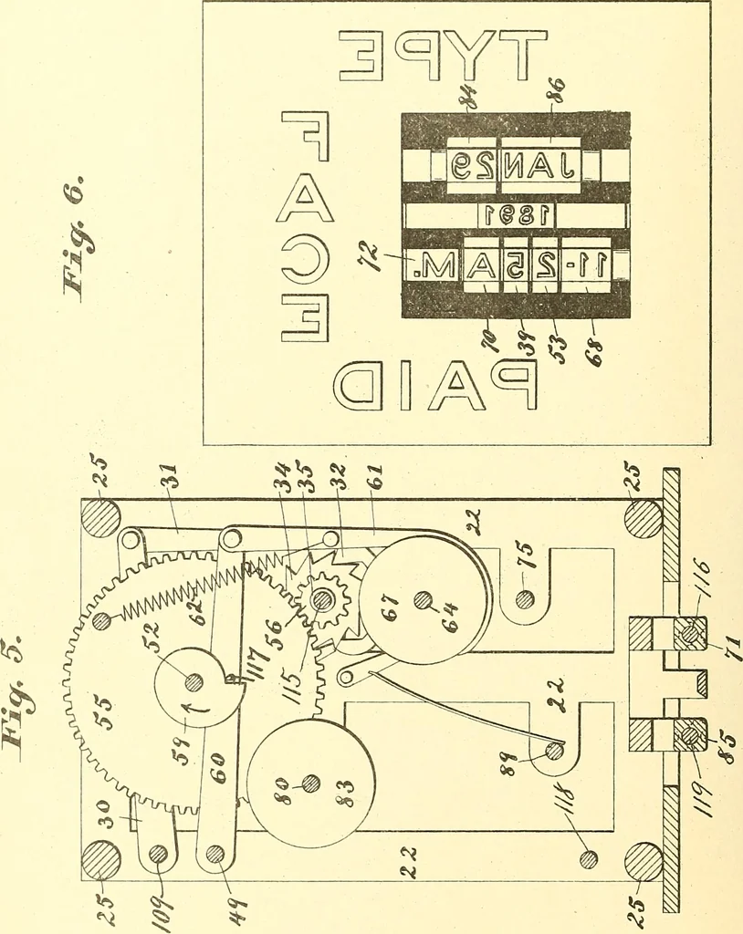 An illustration from U.S. patents covering time keeping mechanisms, 1892, leaf 303