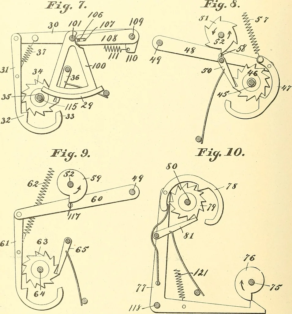 An illustration from U.S. patents covering time keeping mechanisms, 1892, leaf 305