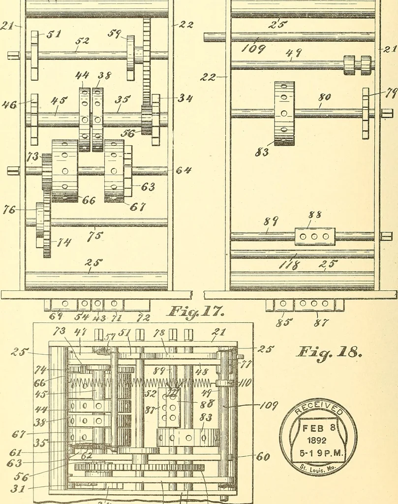 An illustration from U.S. patents covering time keeping mechanisms, 1892, leaf 307