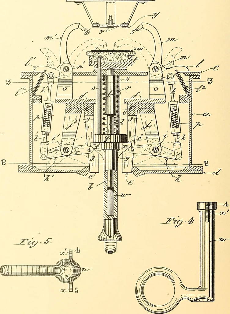 An illustration from U.S. patents covering time keeping mechanisms, 1892, leaf 317