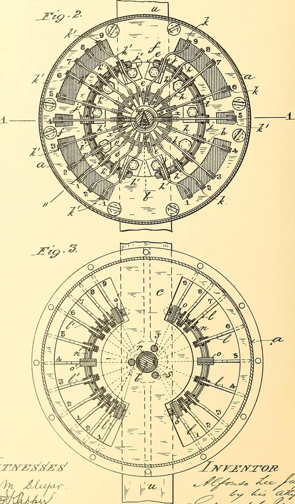 An illustration from U.S. patents covering time keeping mechanisms, 1892, leaf 319