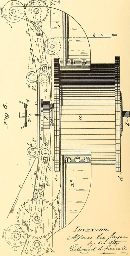 An illustration from U.S. patents covering time keeping mechanisms, 1892, leaf 321