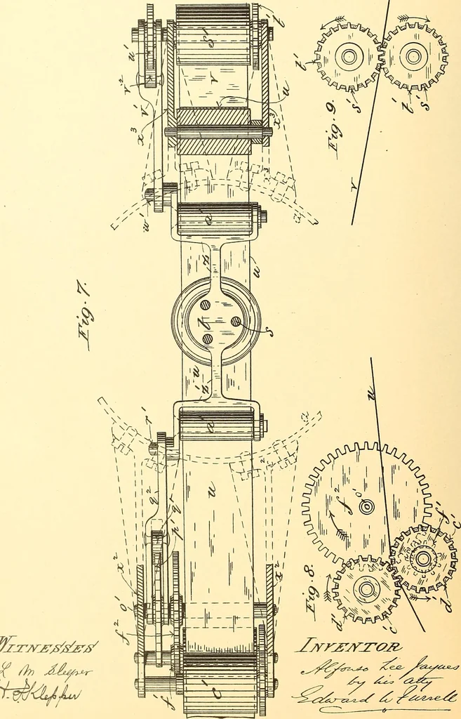 An illustration from U.S. patents covering time keeping mechanisms, 1892, leaf 323