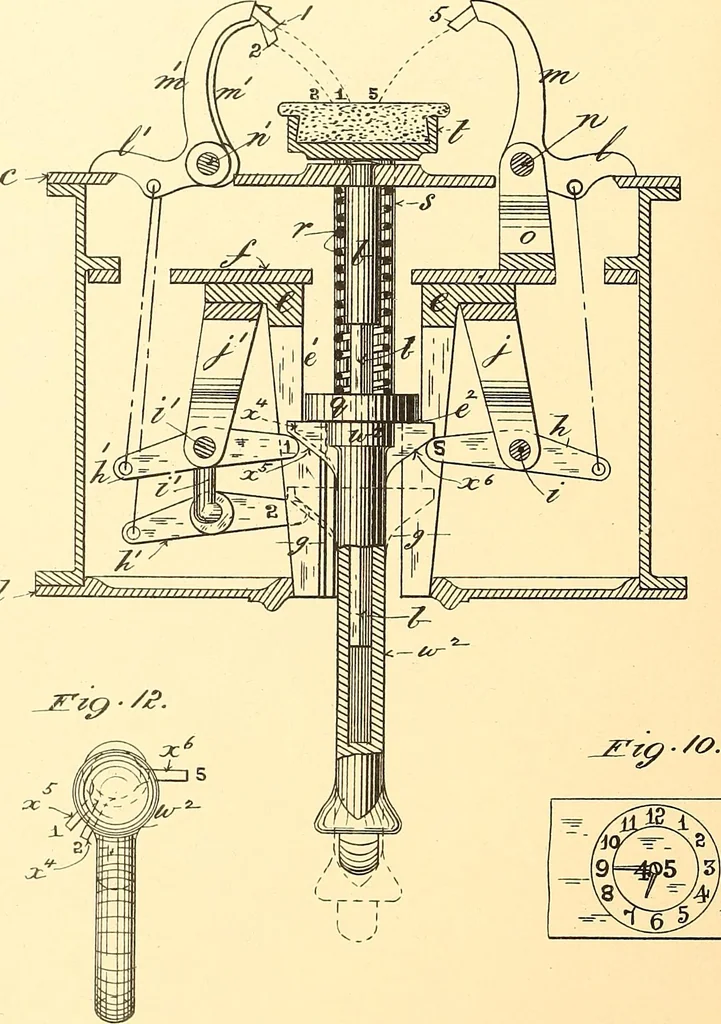 An illustration from U.S. patents covering time keeping mechanisms, 1892, leaf 325