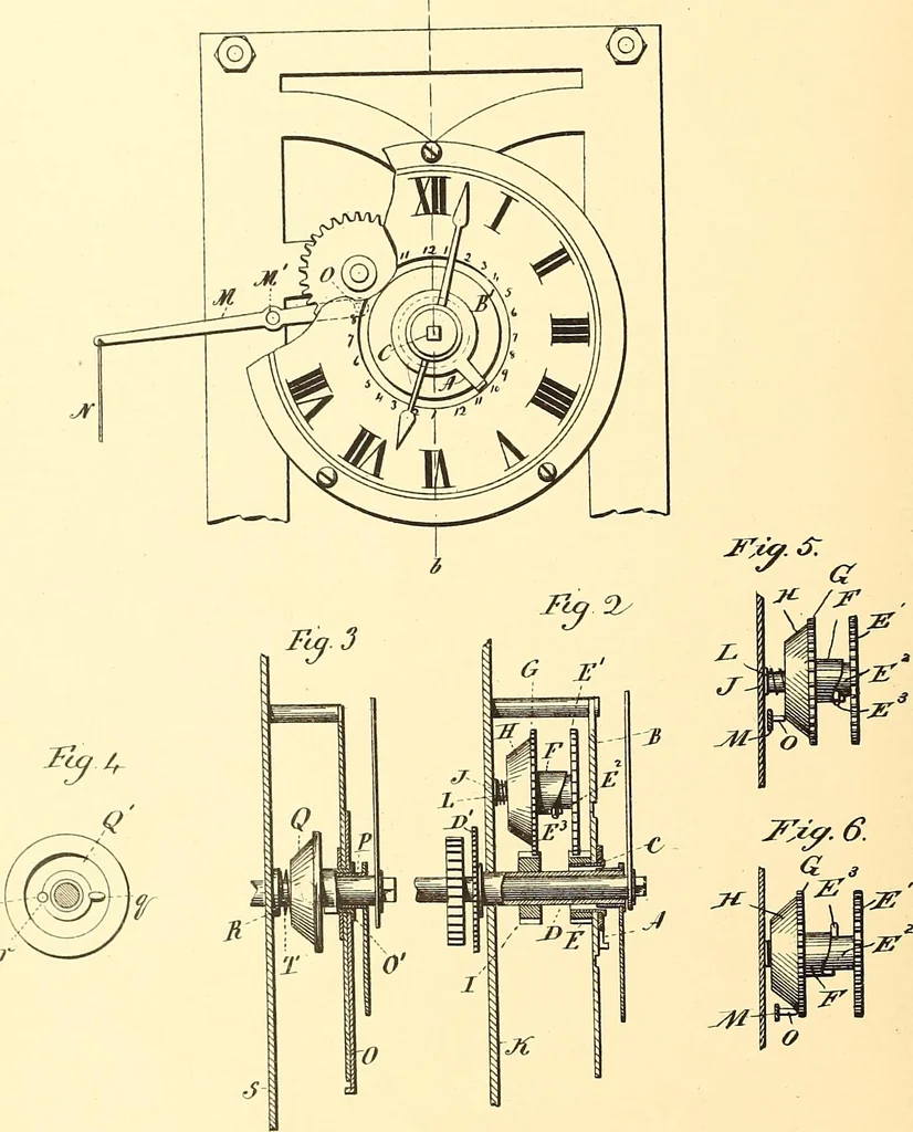 An illustration from U.S. patents covering time keeping mechanisms, 1892, leaf 337