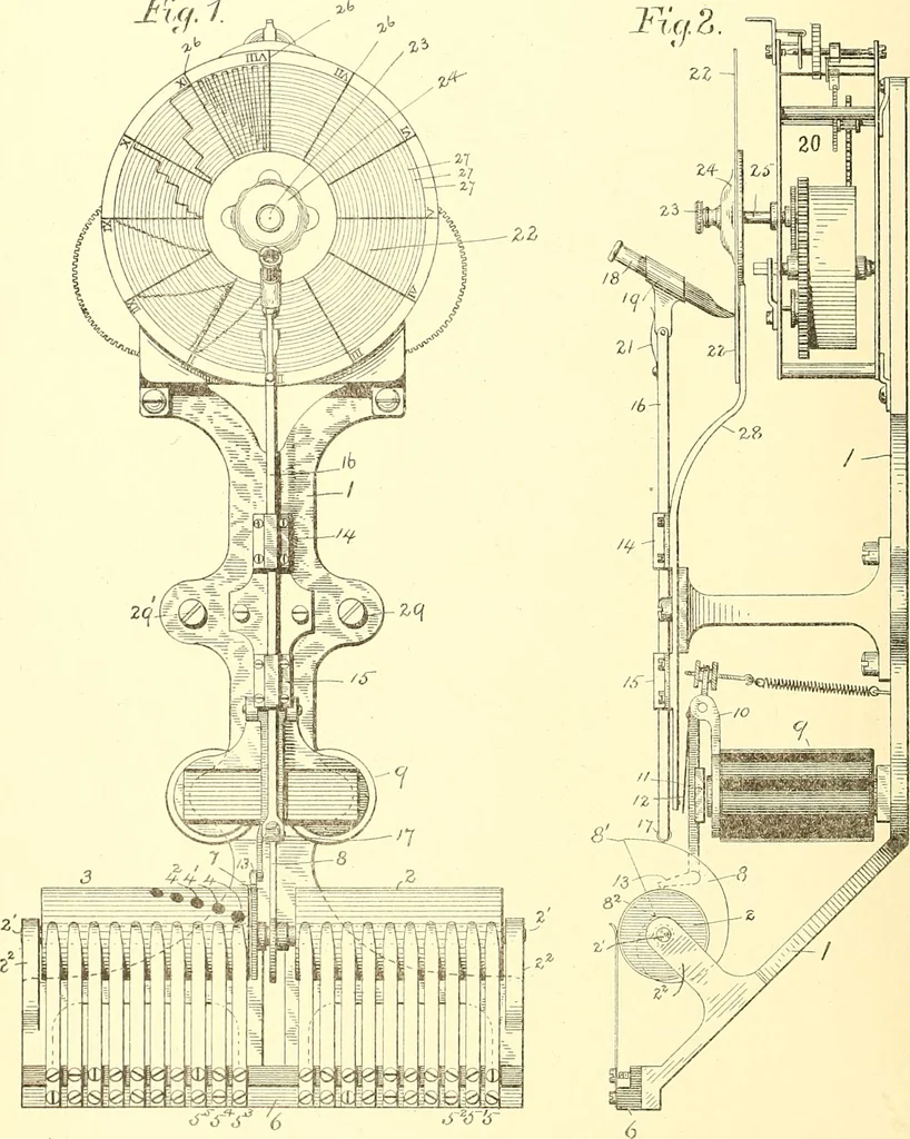 An illustration from U.S. patents covering time keeping mechanisms, 1892, leaf 343